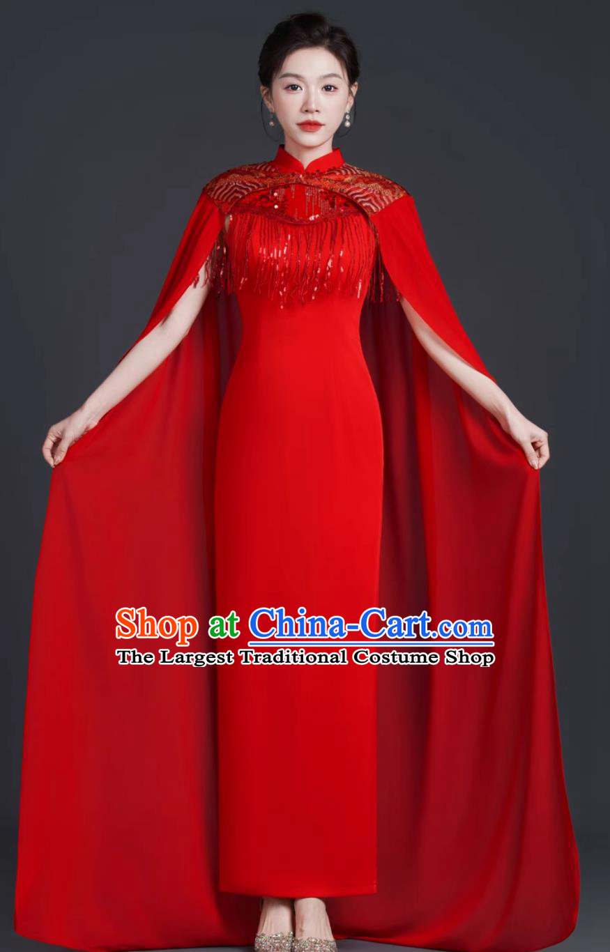 Chinese Style Red Long Cape Dress Banquet Evening Gown Stage Performance Qipao