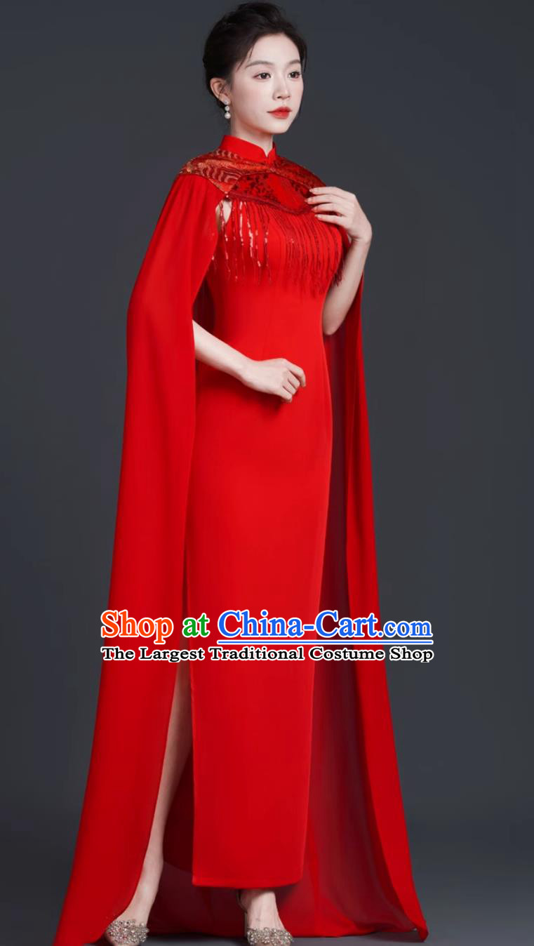 Chinese Style Red Long Cape Dress Banquet Evening Gown Stage Performance Qipao