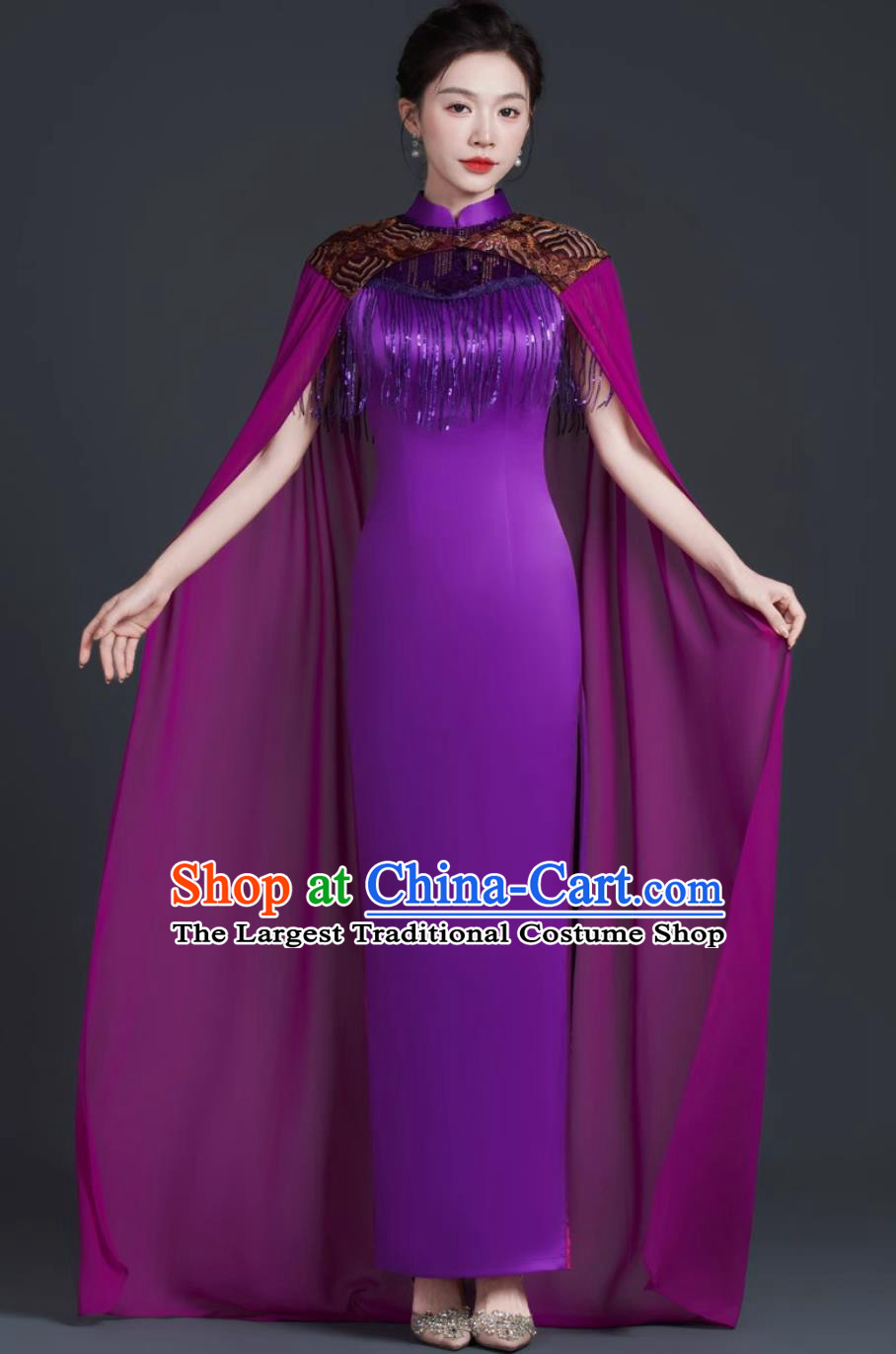 Chinese Style Stage Performance Qipao Purple Long Cape Dress Banquet Evening Gown