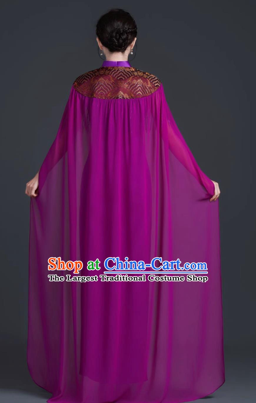 Chinese Style Stage Performance Qipao Purple Long Cape Dress Banquet Evening Gown