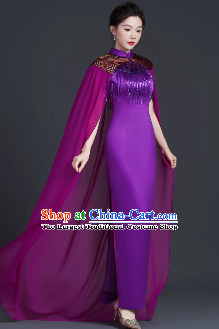 Chinese Style Stage Performance Qipao Purple Long Cape Dress Banquet Evening Gown