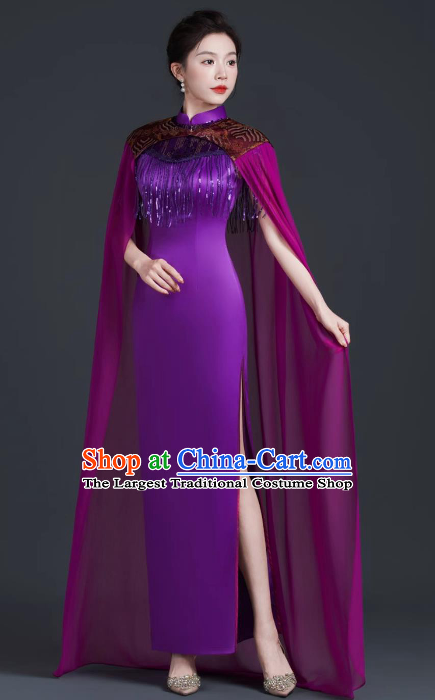 Chinese Style Stage Performance Qipao Purple Long Cape Dress Banquet Evening Gown