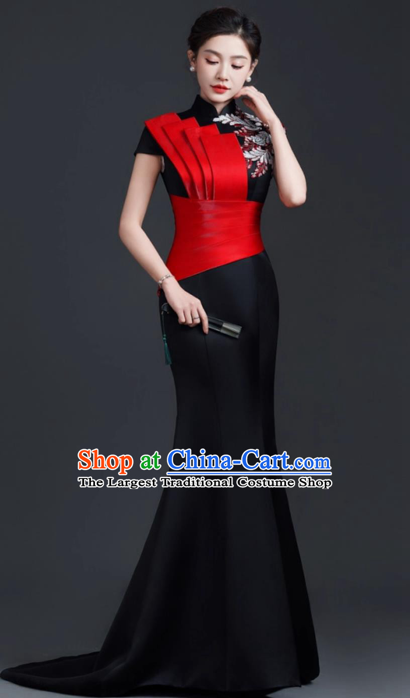 Chinese Style Banquet Evening Gown Stage Performance Mermaid Tail Train Slim Long Dress