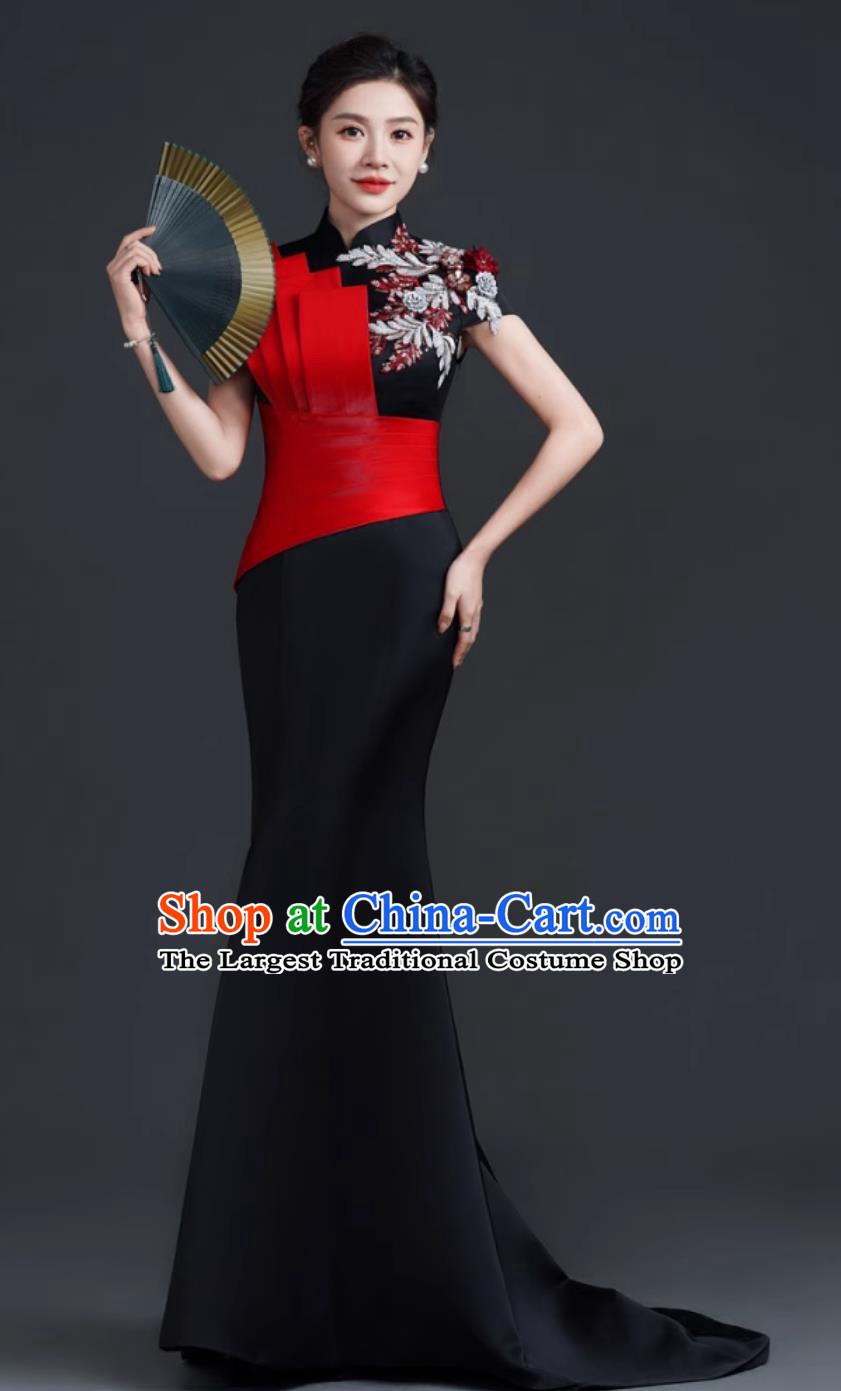 Chinese Style Banquet Evening Gown Stage Performance Mermaid Tail Train Slim Long Dress