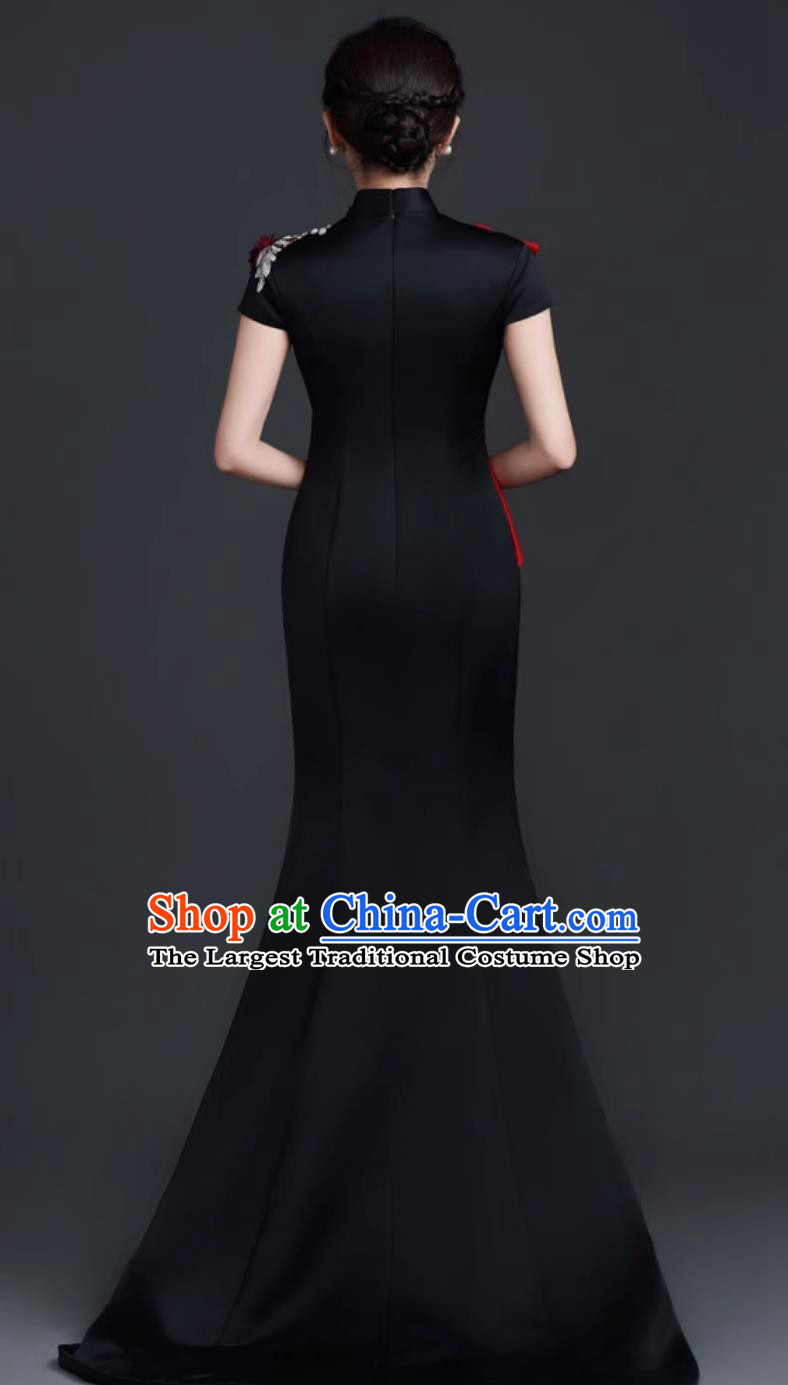 Chinese Style Banquet Evening Gown Stage Performance Mermaid Tail Train Slim Long Dress