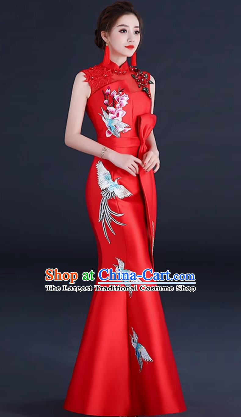 Red Chinese Style Banquet Evening Gown Stage Performance Sleeveless Slim Long Qipao Dress
