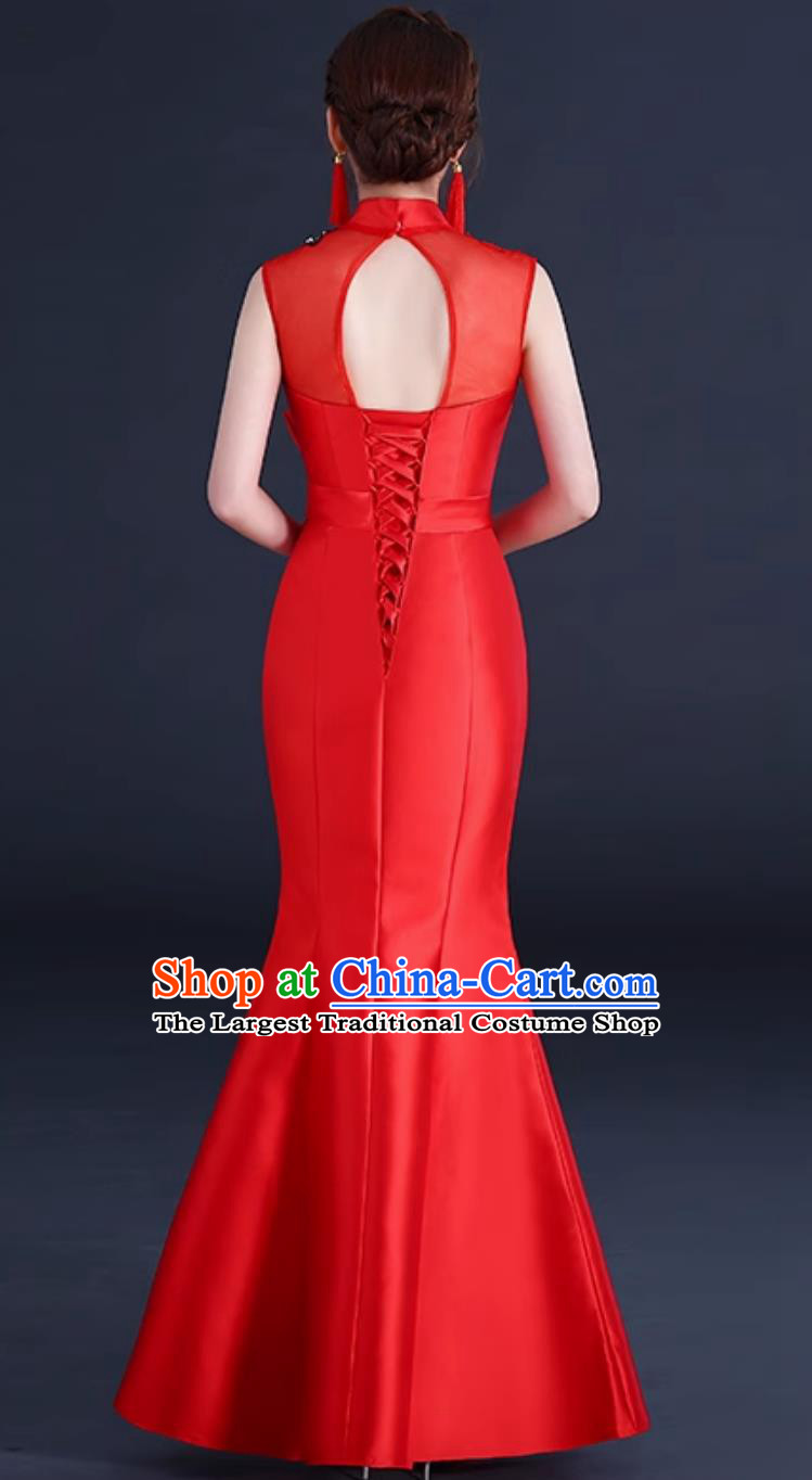 Red Chinese Style Banquet Evening Gown Stage Performance Sleeveless Slim Long Qipao Dress