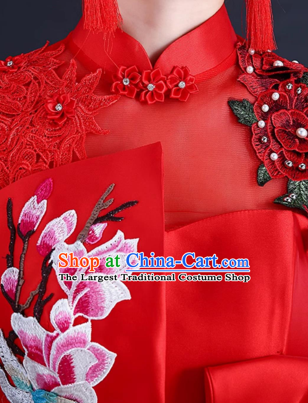 Red Chinese Style Banquet Evening Gown Stage Performance Sleeveless Slim Long Qipao Dress