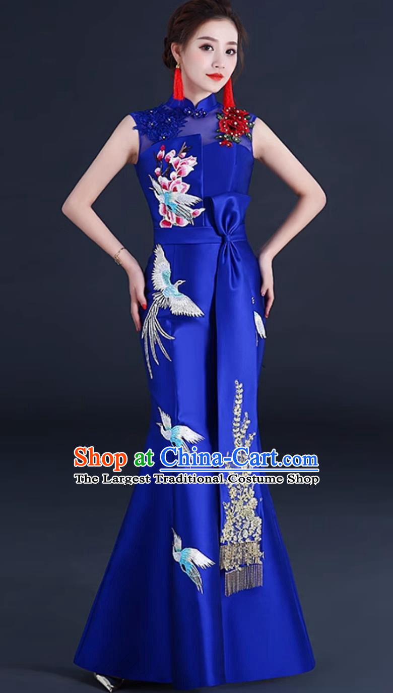 Royal Blue Dress Chinese Style Banquet Evening Gown Stage Performance Sleeveless Slim Long Qipao