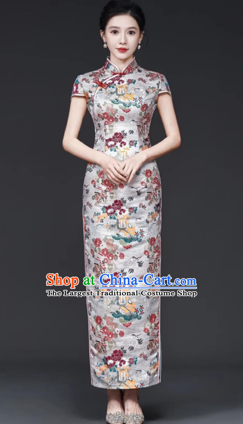 Chinese Style Banquet Evening Gown Stage Performance Qipao Slim Long Brocade Dress