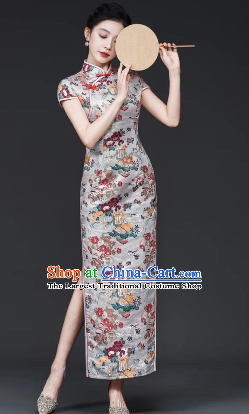 Chinese Style Banquet Evening Gown Stage Performance Qipao Slim Long Brocade Dress