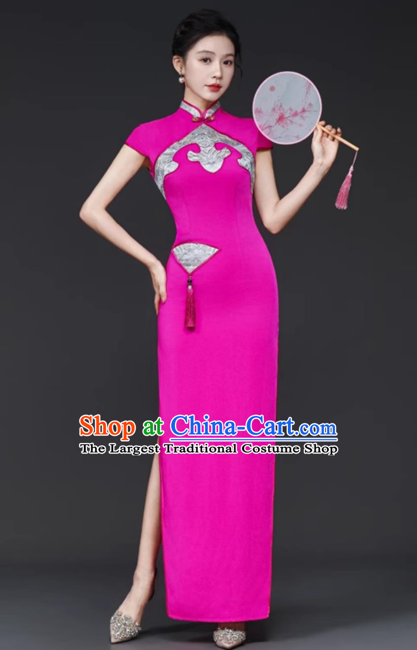 Master of Ceremonies Qipao Rose Red Performance Modified Runway Show Long Dress