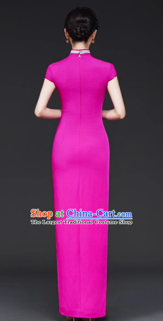 Master of Ceremonies Qipao Rose Red Performance Modified Runway Show Long Dress