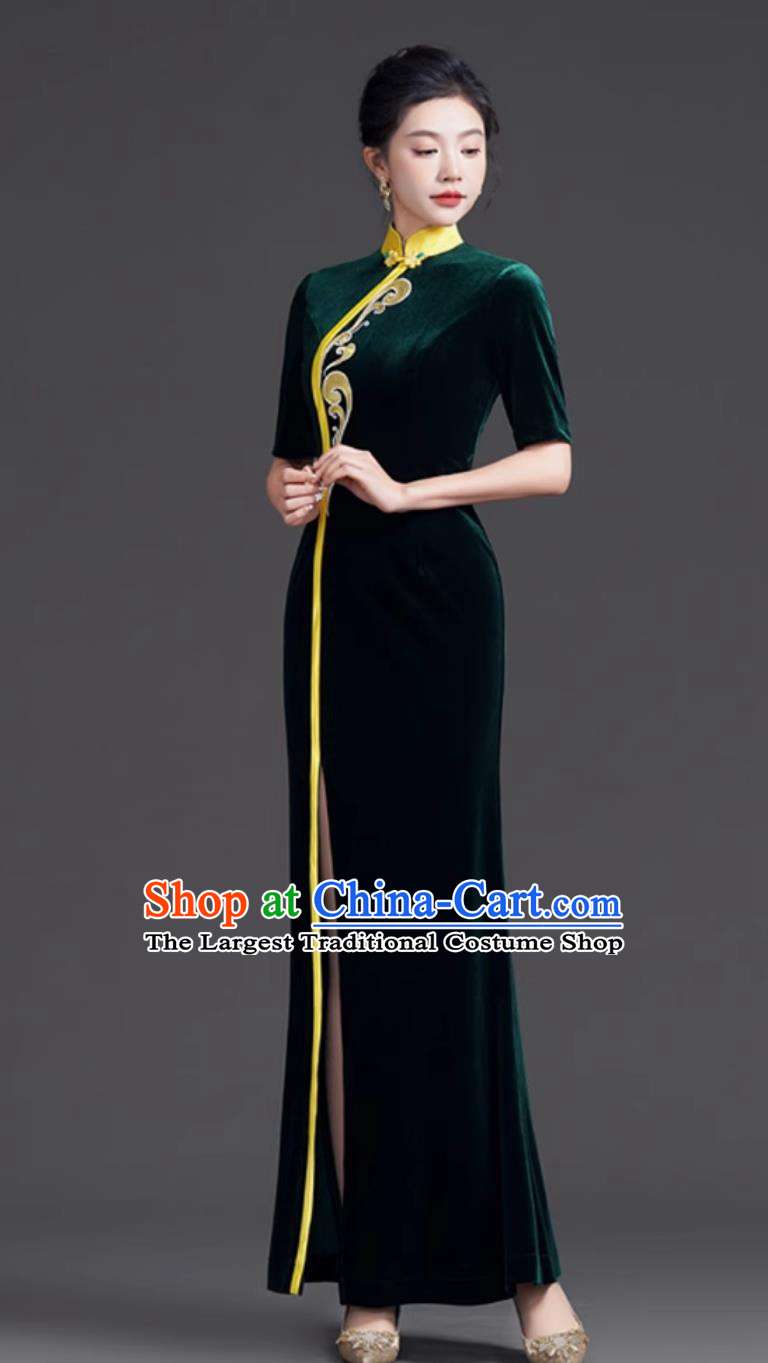 Mermaid Tail Qipao Dress Dark Green Slimming Velvet Runway Long Gown