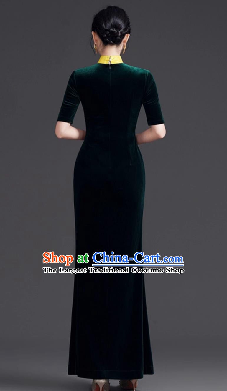 Mermaid Tail Qipao Dress Dark Green Slimming Velvet Runway Long Gown