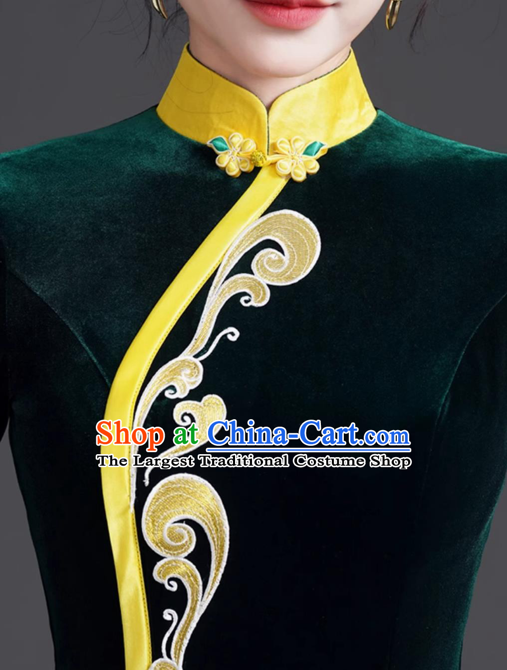 Mermaid Tail Qipao Dress Dark Green Slimming Velvet Runway Long Gown