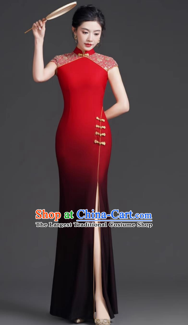 Chinese Style Banquet Evening Gown Gradient Mermaid Tail High Slit Stage Performance Runway Dress