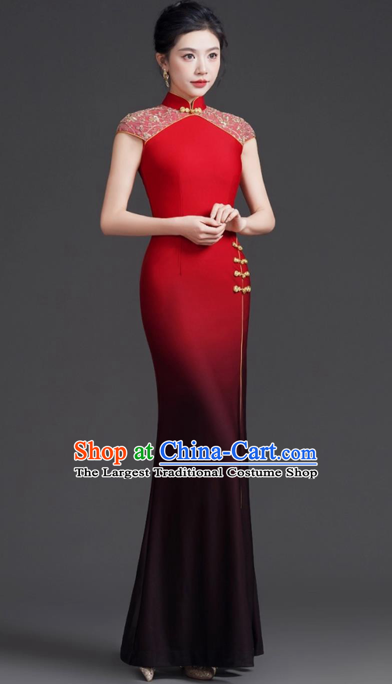 Chinese Style Banquet Evening Gown Gradient Mermaid Tail High Slit Stage Performance Runway Dress