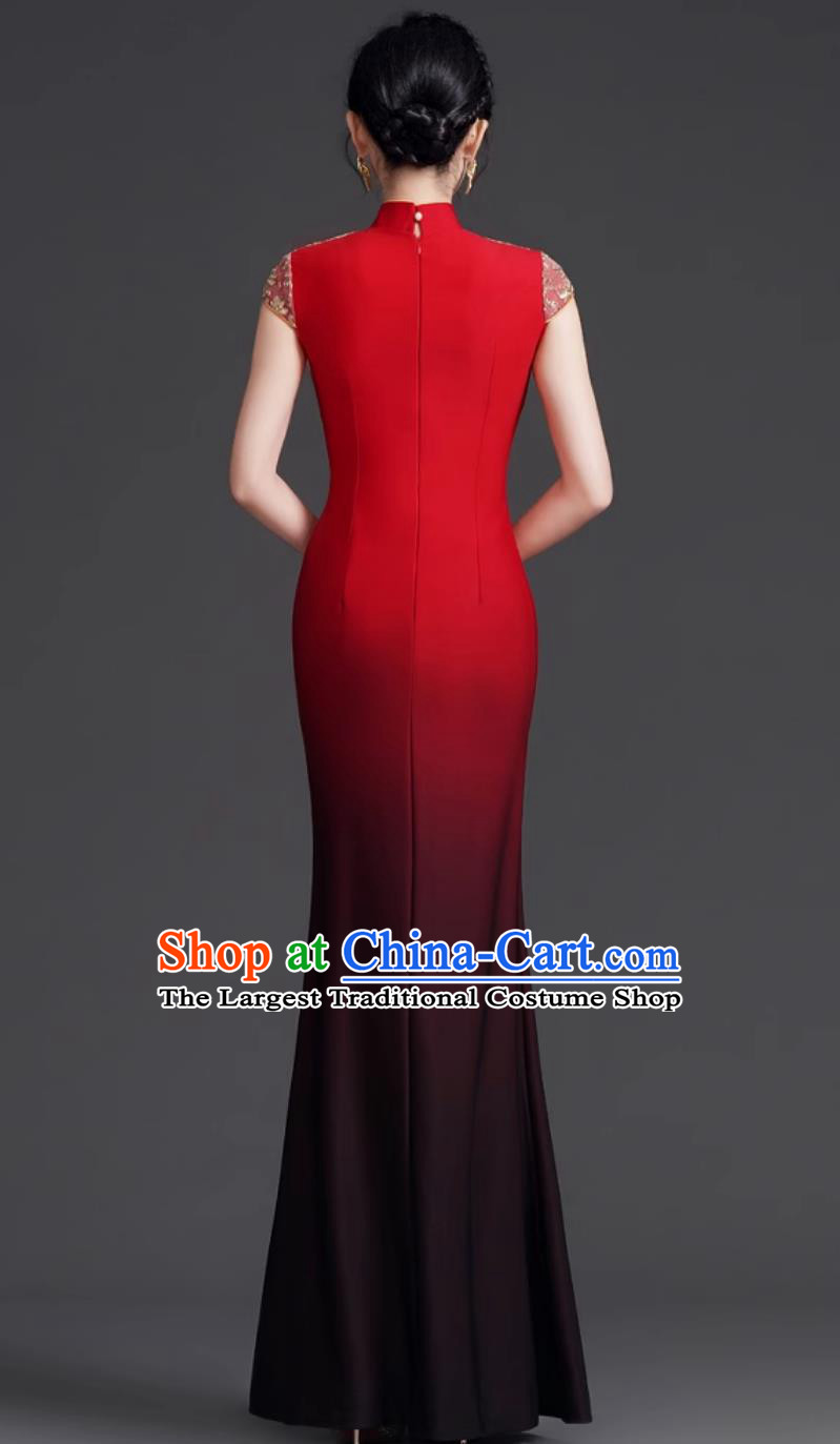 Chinese Style Banquet Evening Gown Gradient Mermaid Tail High Slit Stage Performance Runway Dress