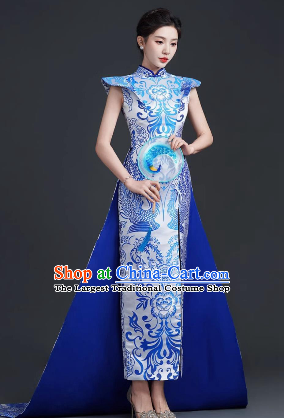 Blue Willow Vintage Qipao Hostess Banquet Gown Elegant Slim High Slit Train Performance Dress