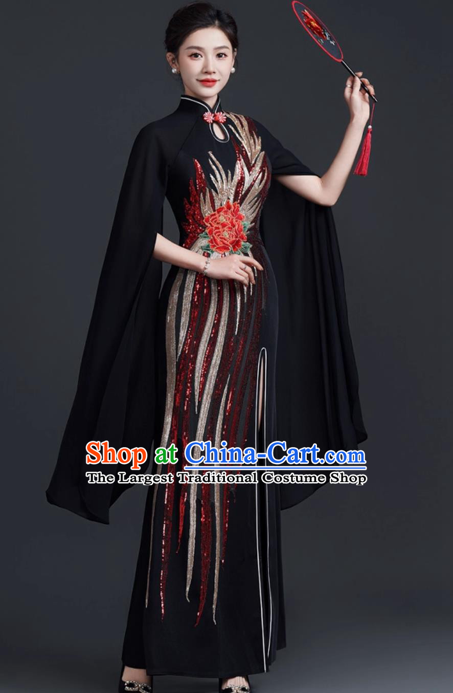 Chinese Style Stage Guzheng Water Sleeve Performance Dress Mermaid High Slit Qipao Evening Gown Black