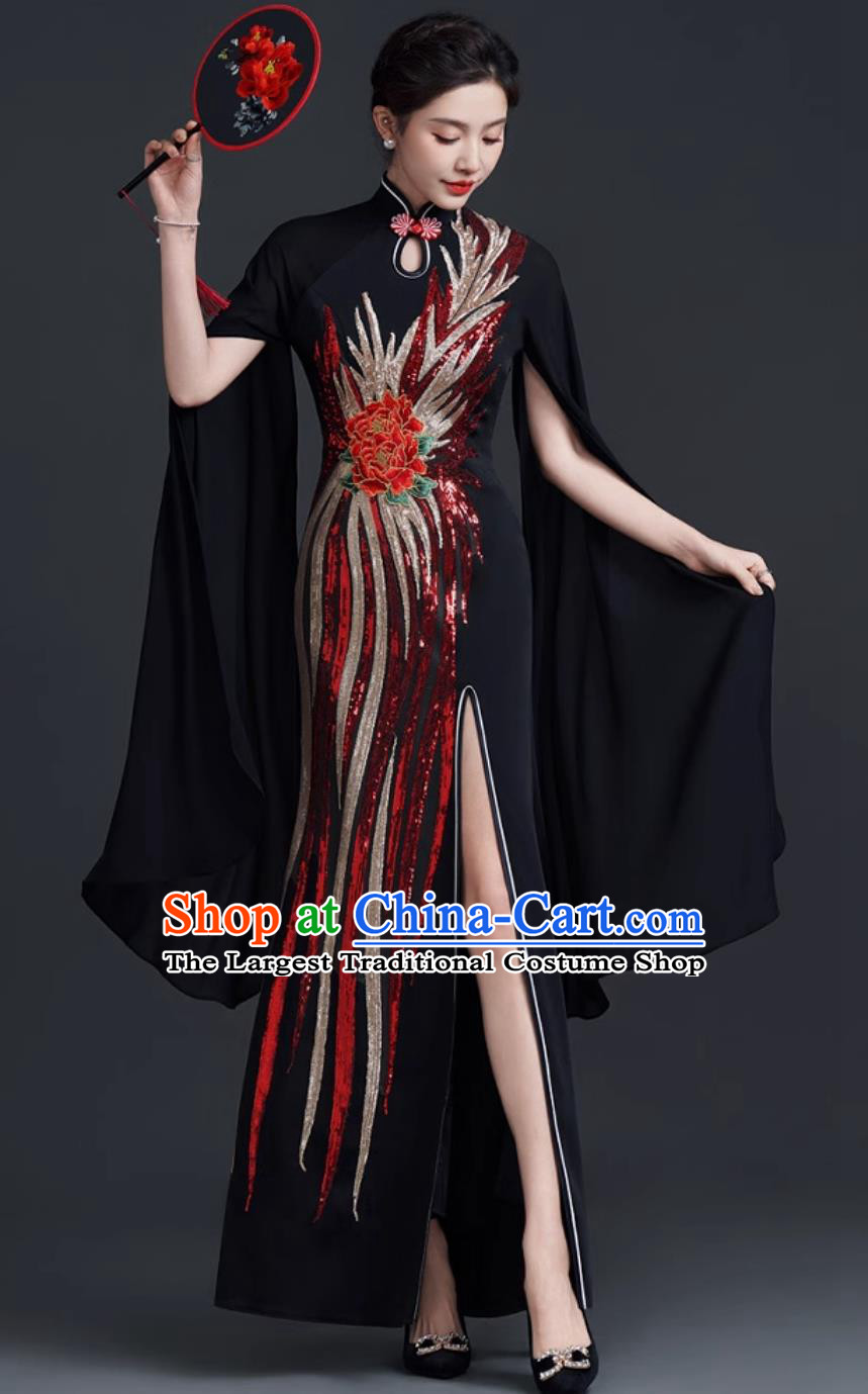 Chinese Style Stage Guzheng Water Sleeve Performance Dress Mermaid High Slit Qipao Evening Gown Black