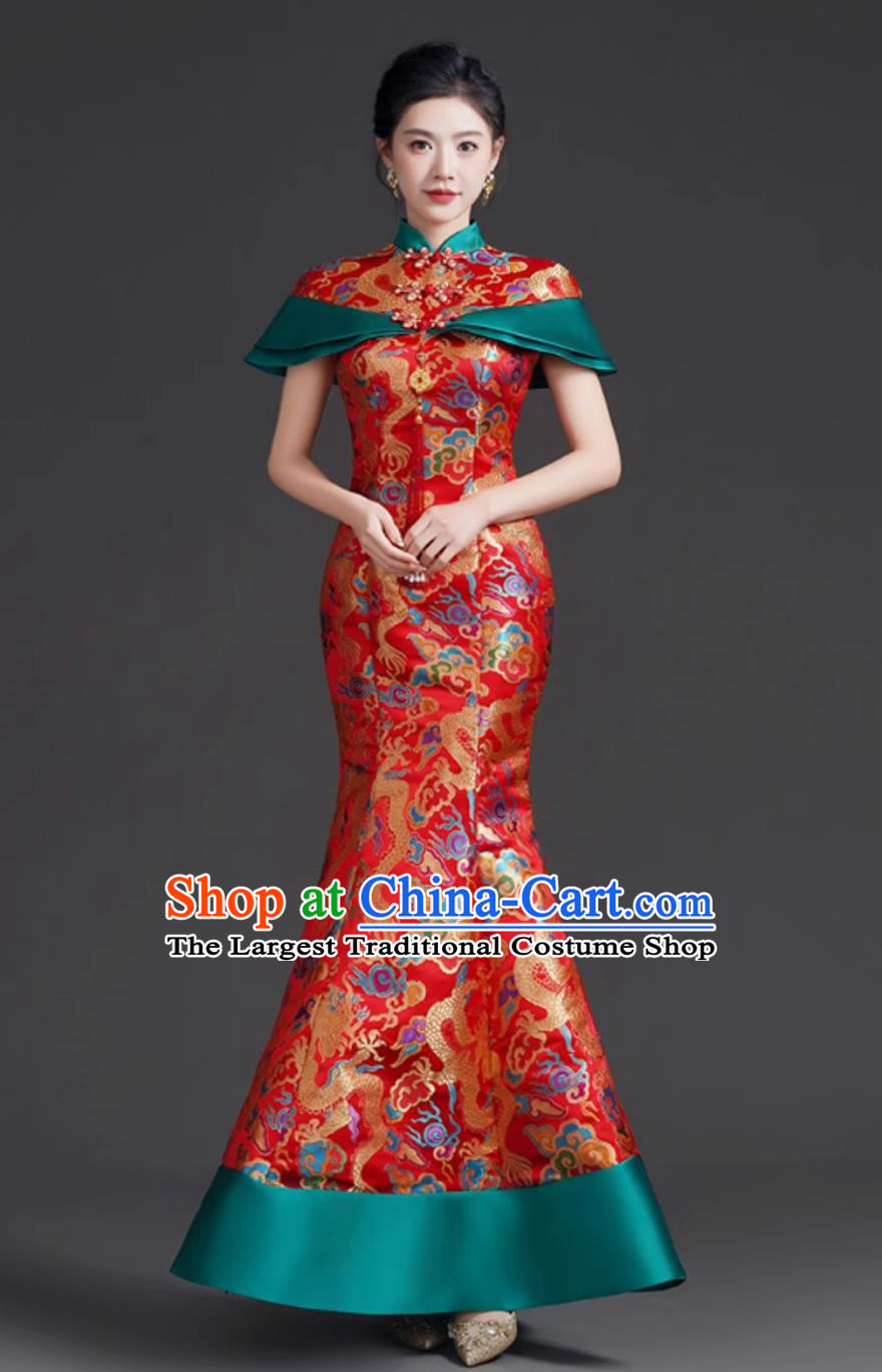 Chinese Modified Qipao with Train Runway Performance Red Evening Gown Mermaid Tail Hostess Dress