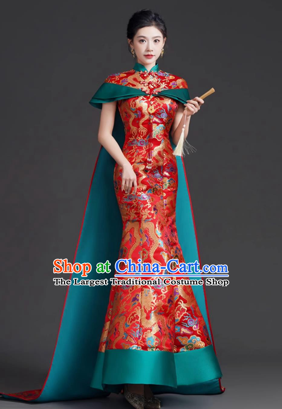 Chinese Modified Qipao with Train Runway Performance Red Evening Gown Mermaid Tail Hostess Dress