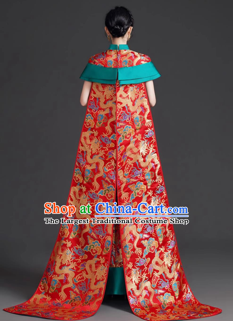 Chinese Modified Qipao with Train Runway Performance Red Evening Gown Mermaid Tail Hostess Dress