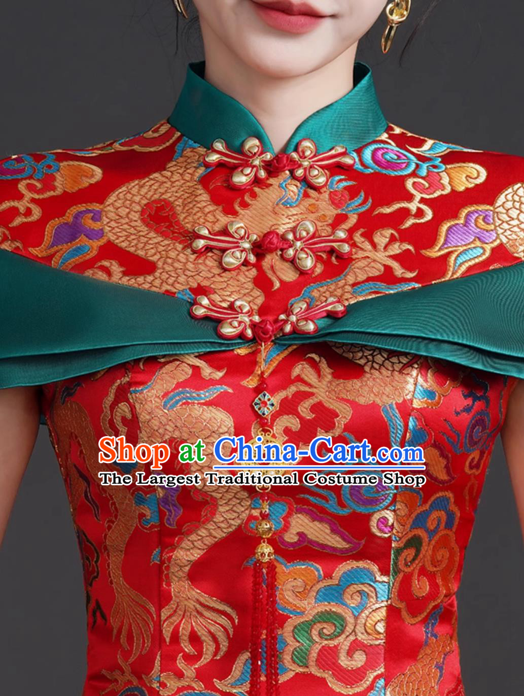 Chinese Modified Qipao with Train Runway Performance Red Evening Gown Mermaid Tail Hostess Dress