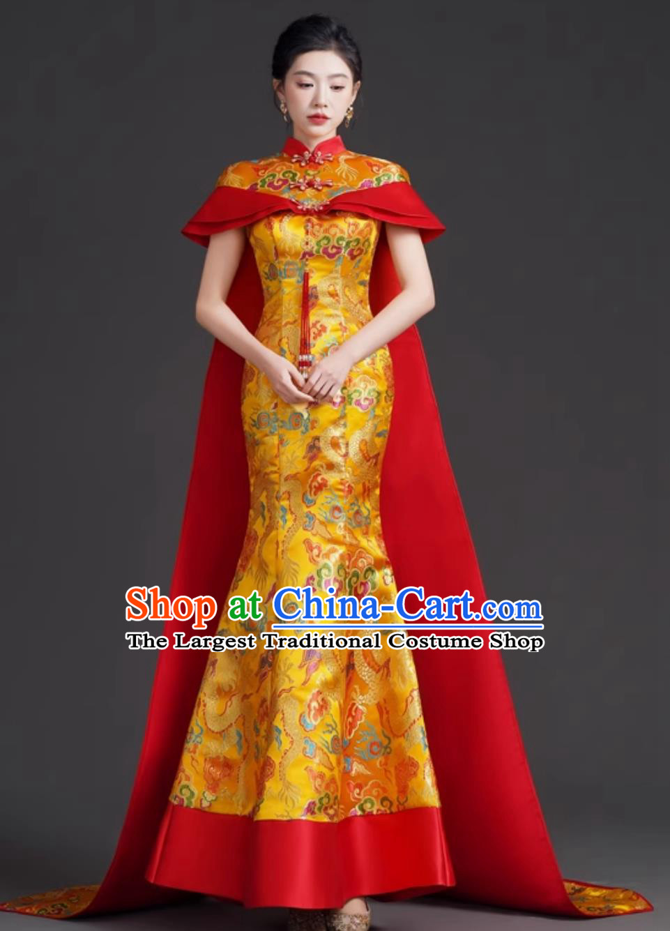 Mermaid Tail Hostess Dress Chinese Modified Qipao with Train Runway Performance Golden Evening Gown