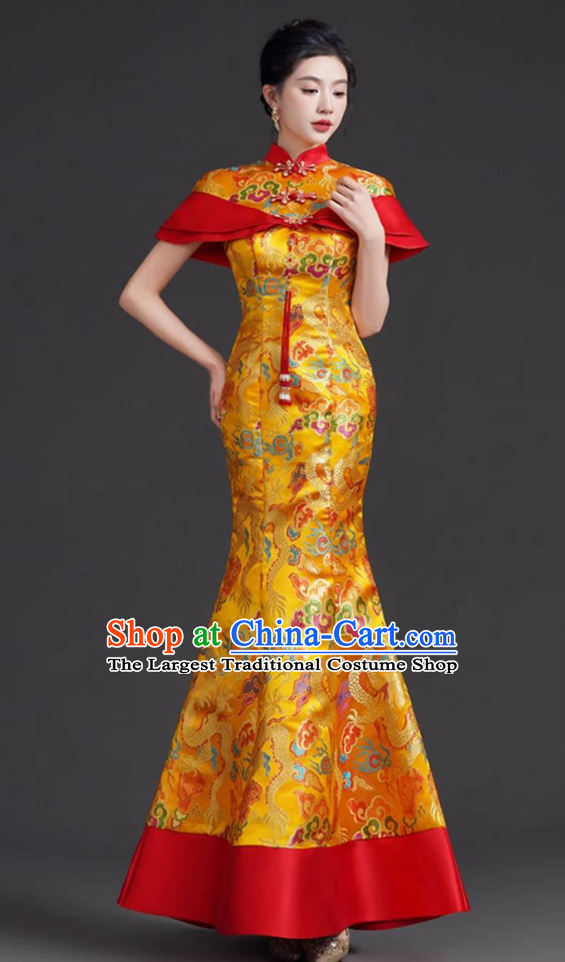 Mermaid Tail Hostess Dress Chinese Modified Qipao with Train Runway Performance Golden Evening Gown