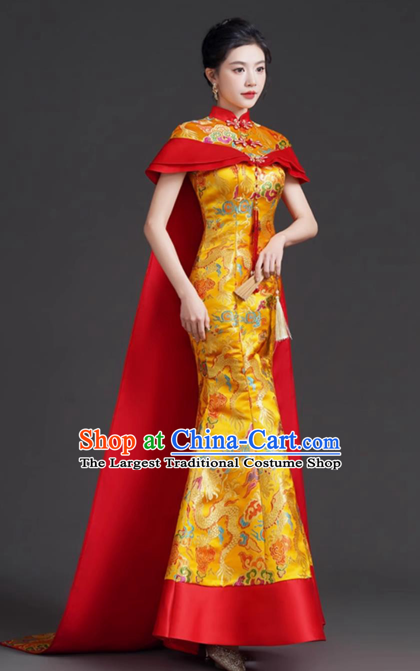 Mermaid Tail Hostess Dress Chinese Modified Qipao with Train Runway Performance Golden Evening Gown