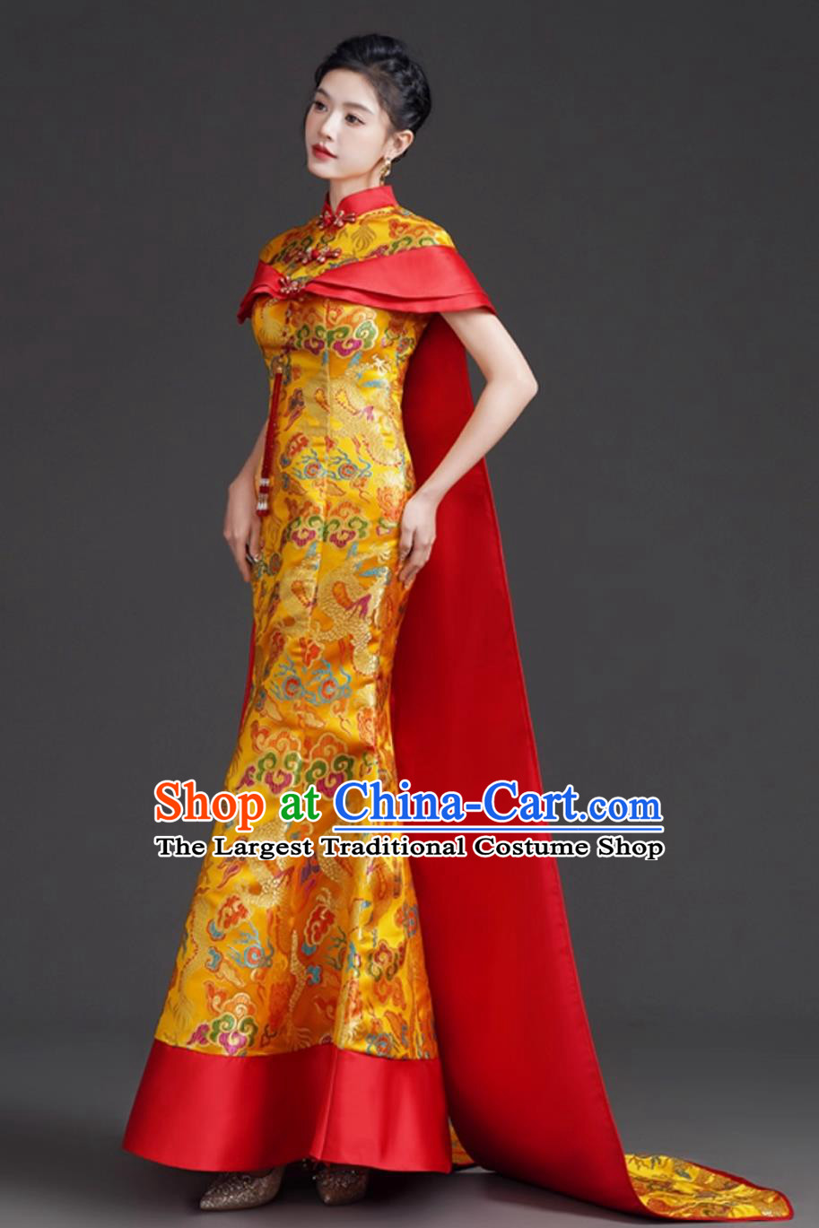 Mermaid Tail Hostess Dress Chinese Modified Qipao with Train Runway Performance Golden Evening Gown