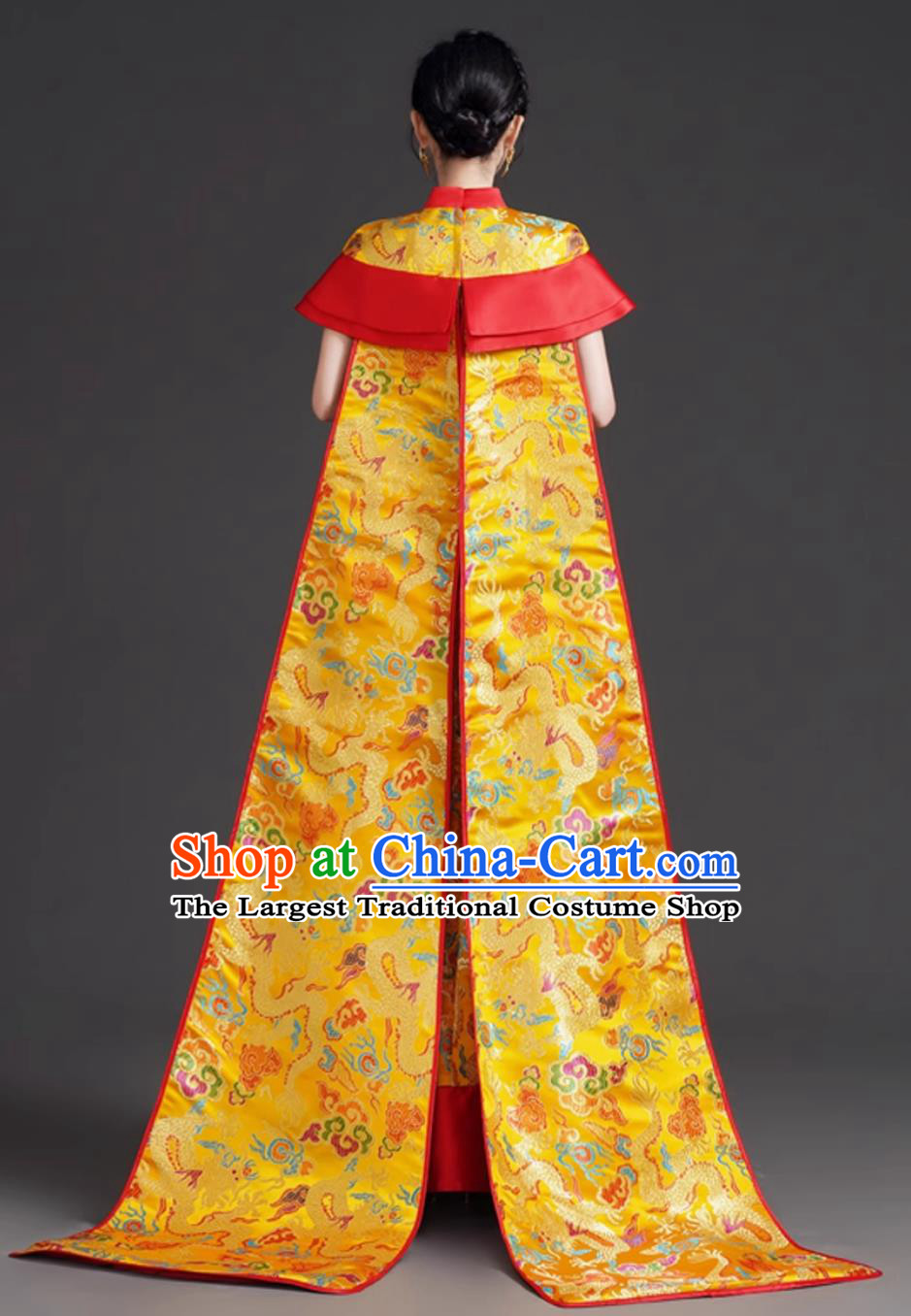 Mermaid Tail Hostess Dress Chinese Modified Qipao with Train Runway Performance Golden Evening Gown