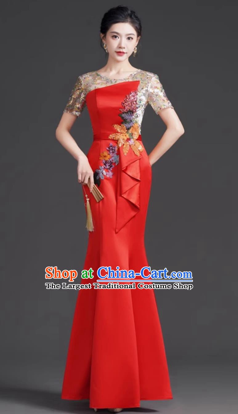 Chinese Style Fashion Round Neck Sequin Evening Gown Red Luxury Niche Banquet Hostess Mermaid Performance Dress