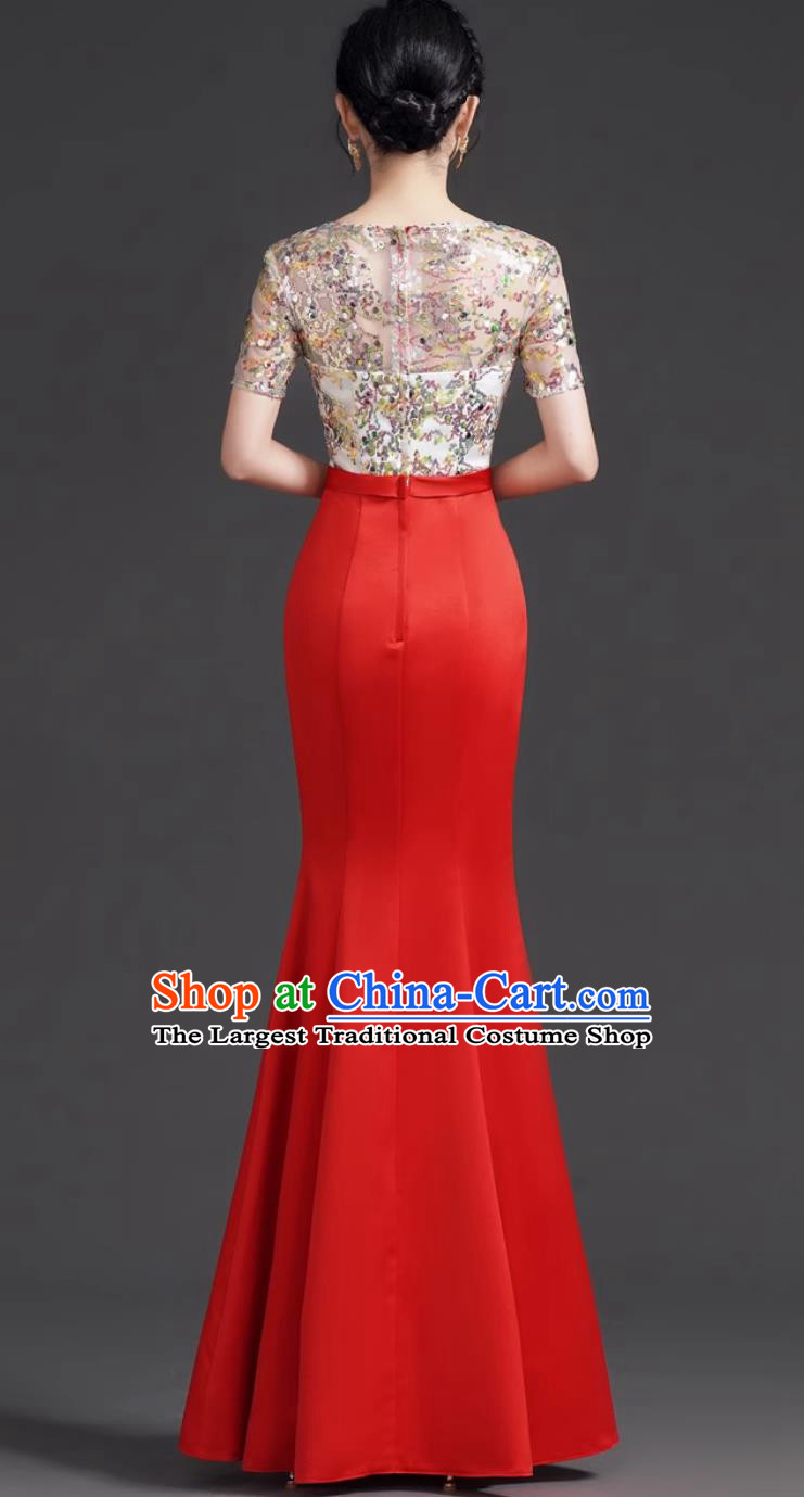 Chinese Style Fashion Round Neck Sequin Evening Gown Red Luxury Niche Banquet Hostess Mermaid Performance Dress