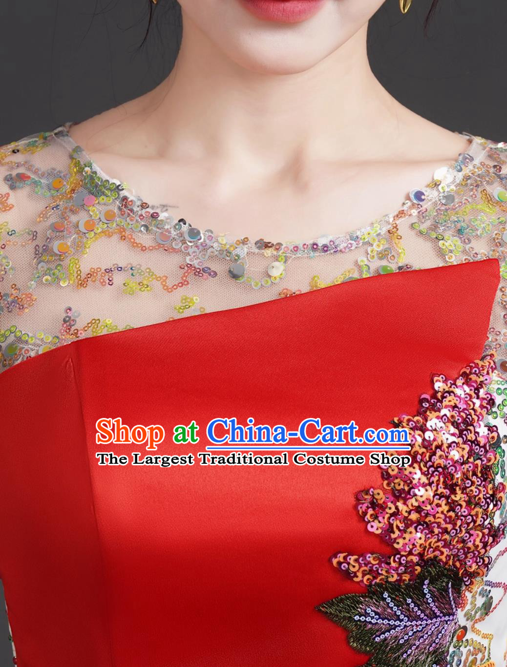 Chinese Style Fashion Round Neck Sequin Evening Gown Red Luxury Niche Banquet Hostess Mermaid Performance Dress
