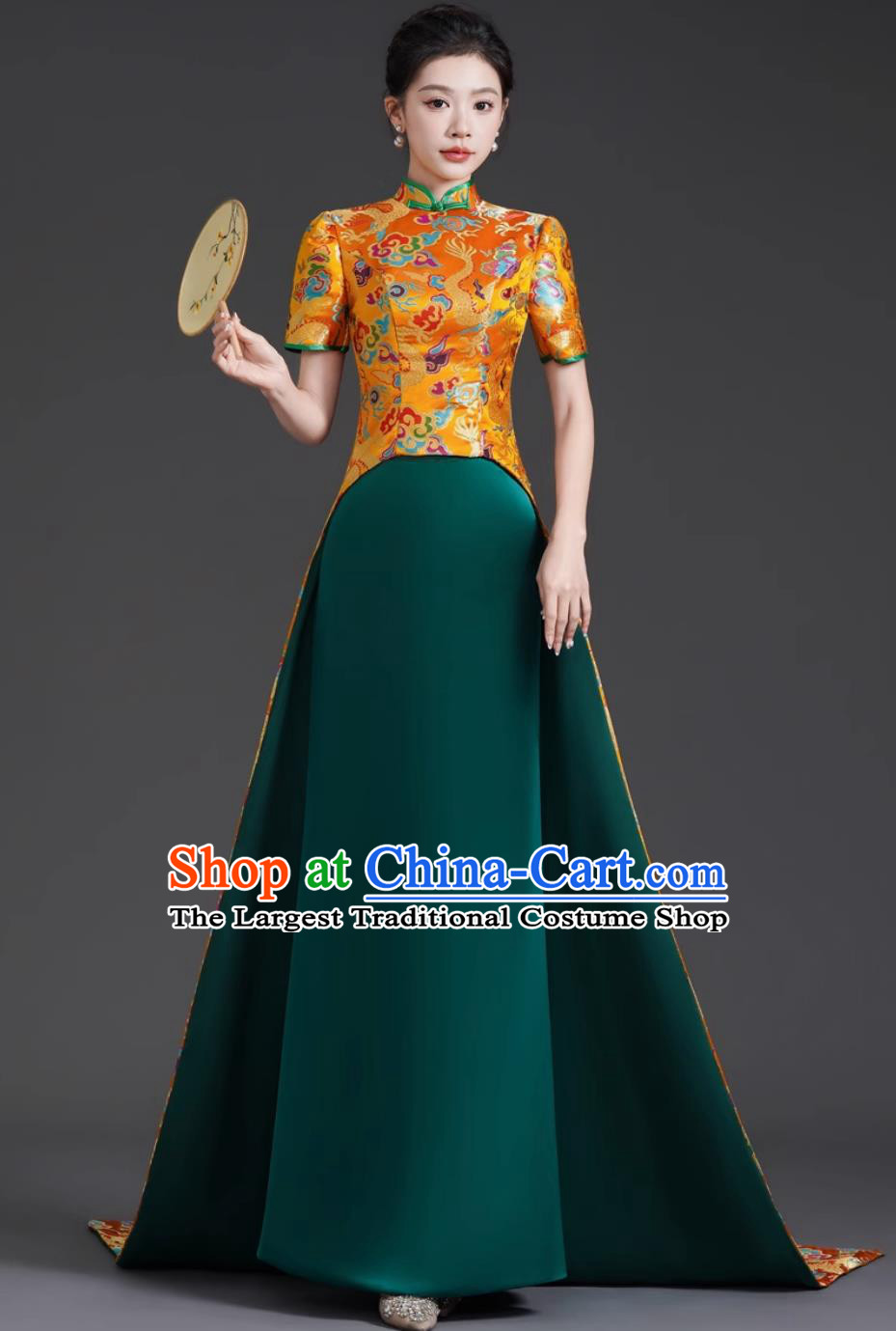 Chinese Style Luxury Train Banquet Evening Gown Long Mermaid Tail Slim Fit Runway Performance Dress