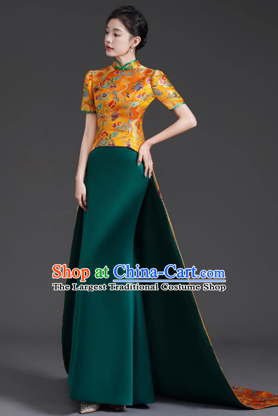 Chinese Style Luxury Train Banquet Evening Gown Long Mermaid Tail Slim Fit Runway Performance Dress