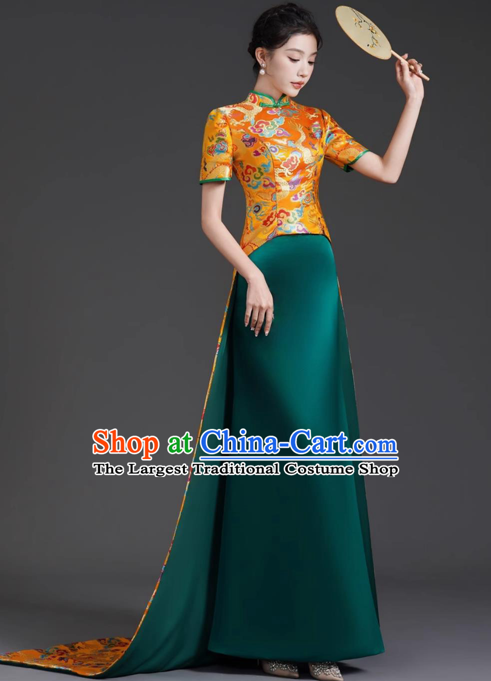Chinese Style Luxury Train Banquet Evening Gown Long Mermaid Tail Slim Fit Runway Performance Dress