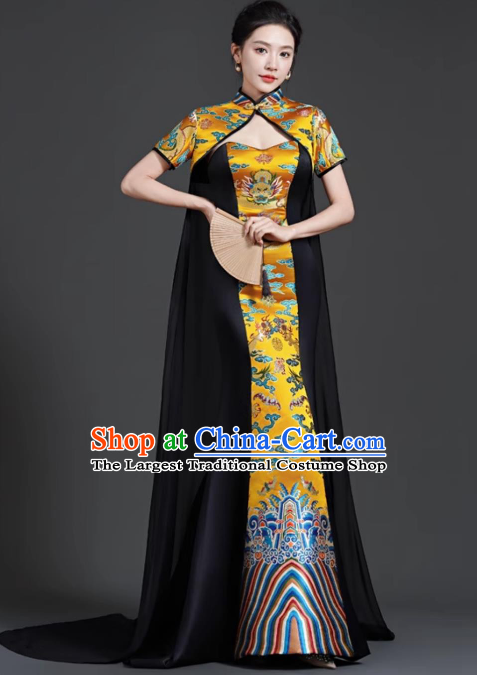 High End Banquet Evening Gown Long Trailing Black Cape Strapless Model Catwalk Performance Costume
