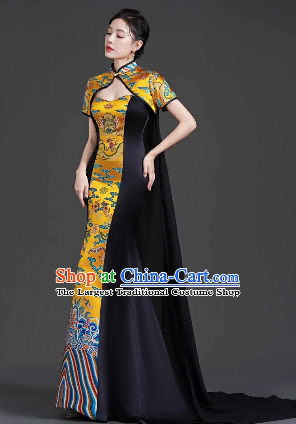 High End Banquet Evening Gown Long Trailing Black Cape Strapless Model Catwalk Performance Costume With Trailing