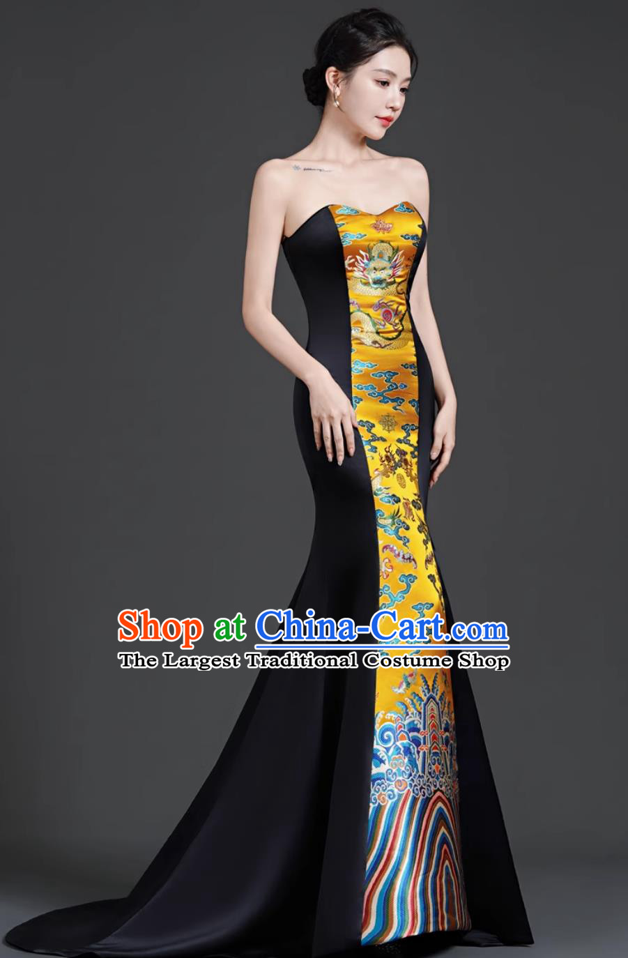 High End Banquet Evening Gown Long Trailing Black Cape Strapless Model Catwalk Performance Costume With Trailing