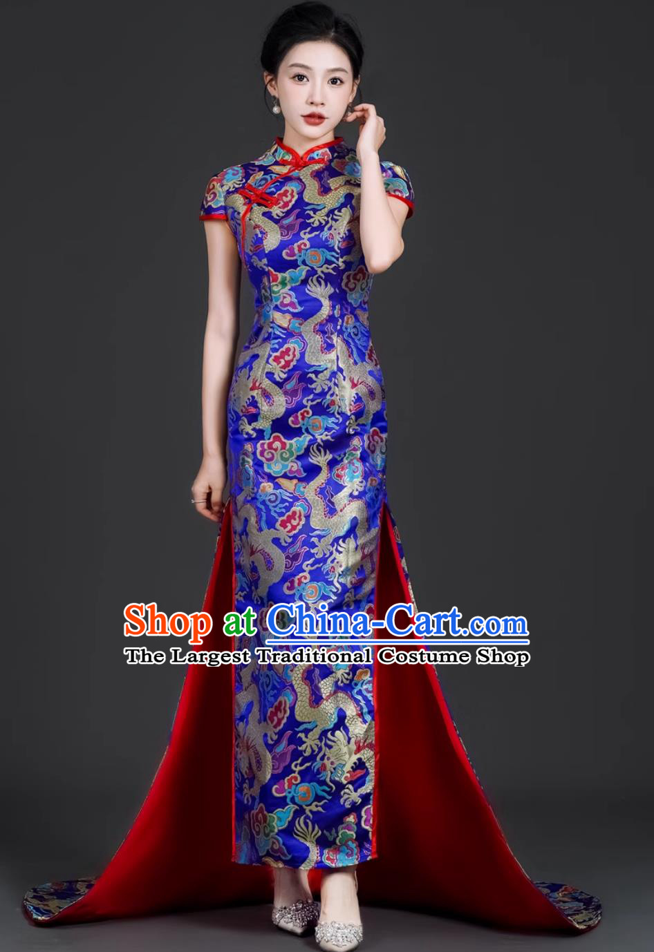 Long Style Cheongsam For Runway Stage Performance Trailing Chinese Retro Modified Slim Fit Dress