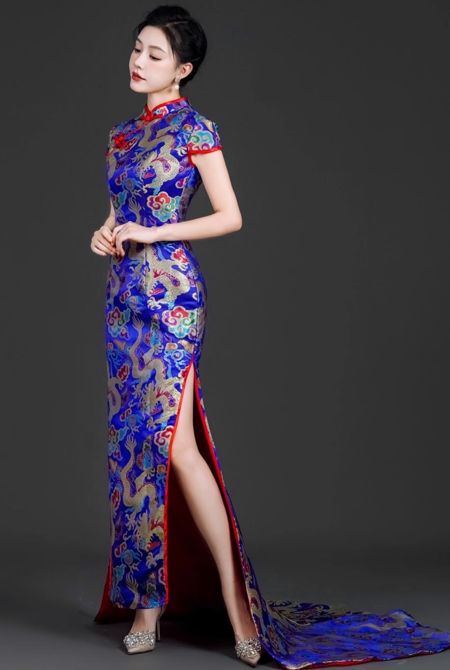Long Style Cheongsam For Runway Stage Performance Trailing Chinese Retro Modified Slim Fit Dress