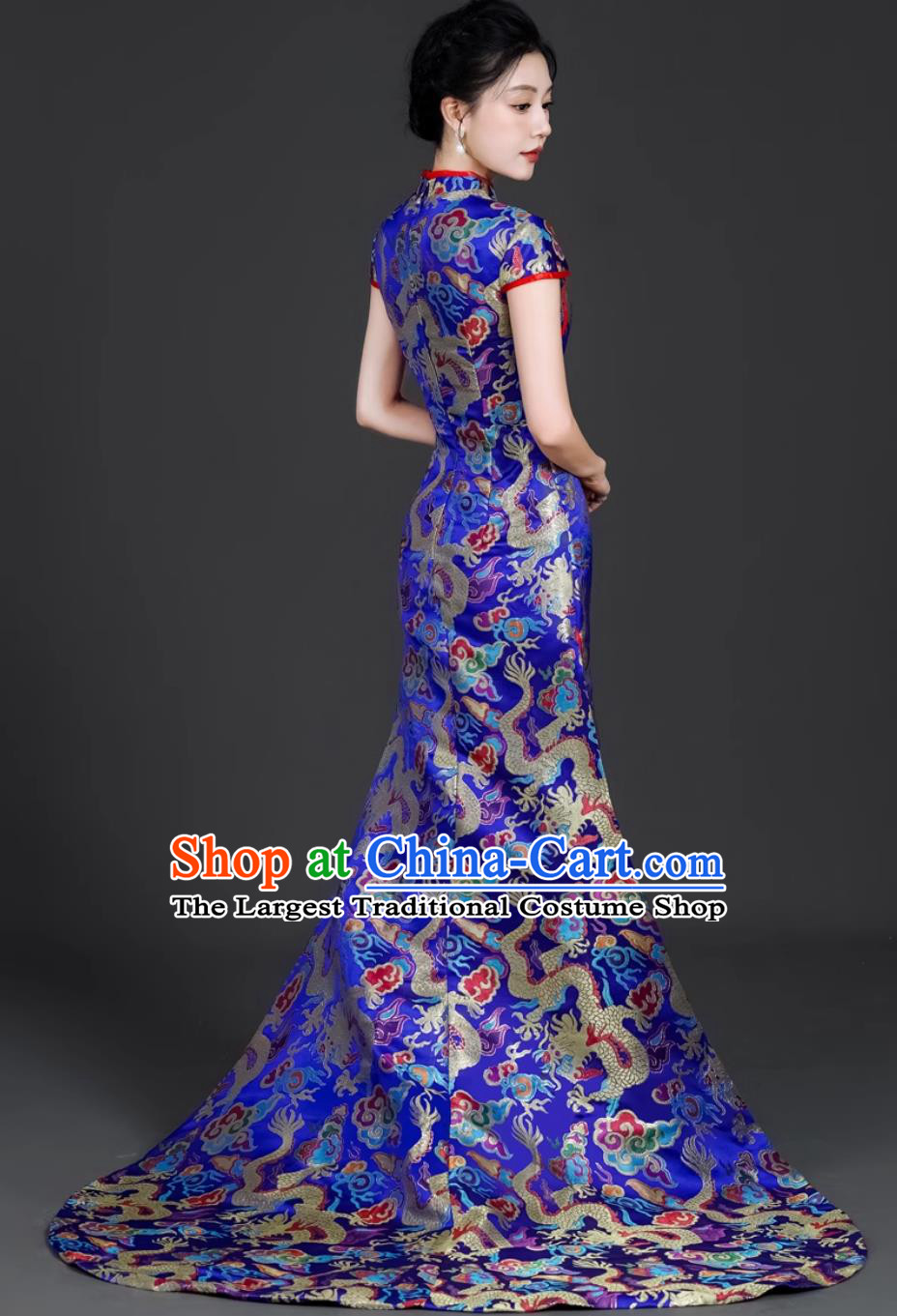Long Style Cheongsam For Runway Stage Performance Trailing Chinese Retro Modified Slim Fit Dress