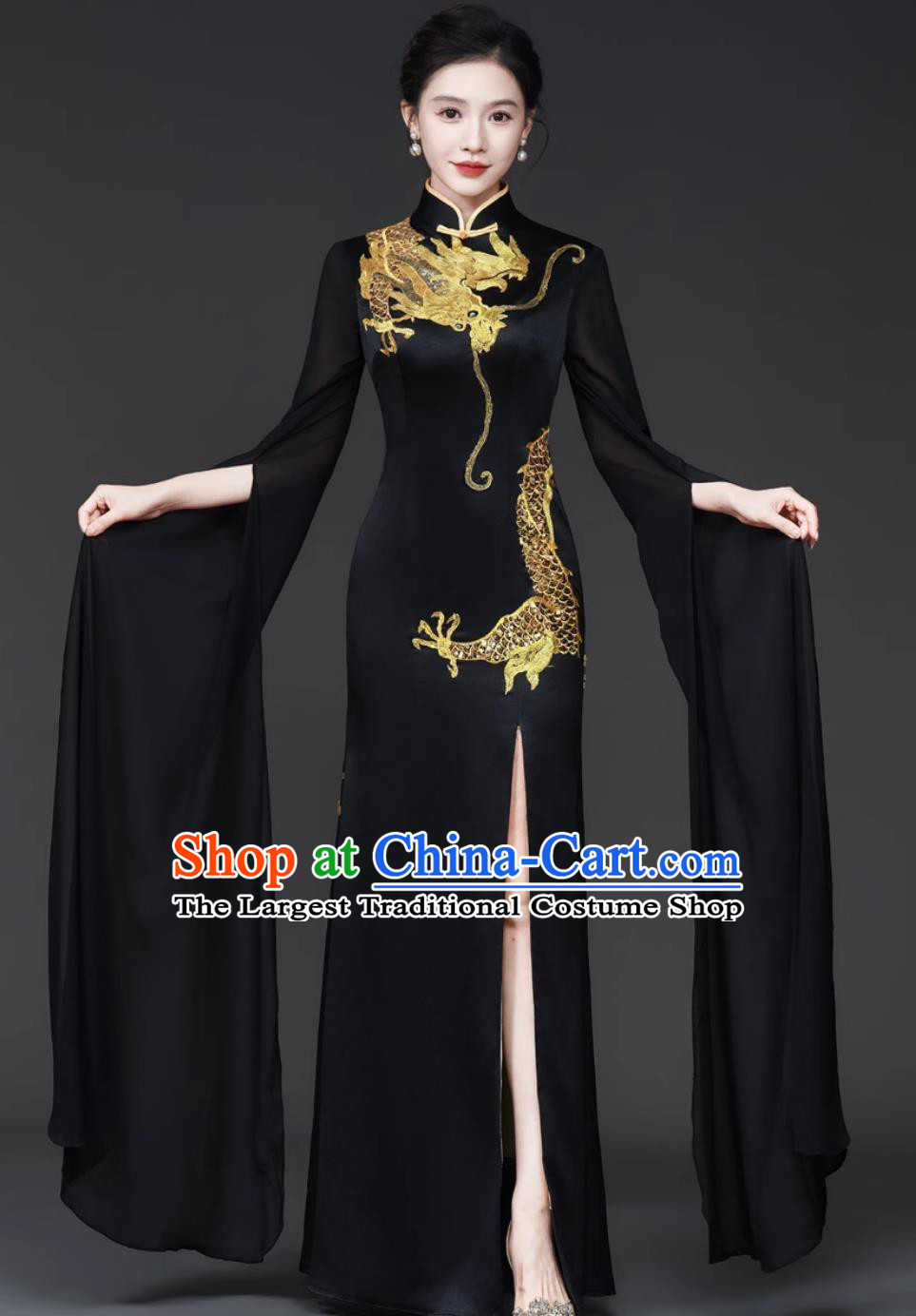 Women Runway Cheongsam Performance Costume Black Fashionable Chinese Style Long Stage Outfit Traditional Dress With Dragon Embroidery
