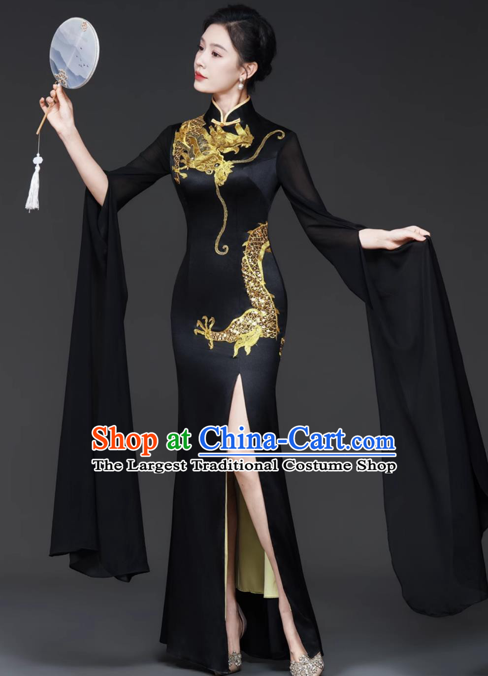 Women Runway Cheongsam Performance Costume Black Fashionable Chinese Style Long Stage Outfit Traditional Dress With Dragon Embroidery