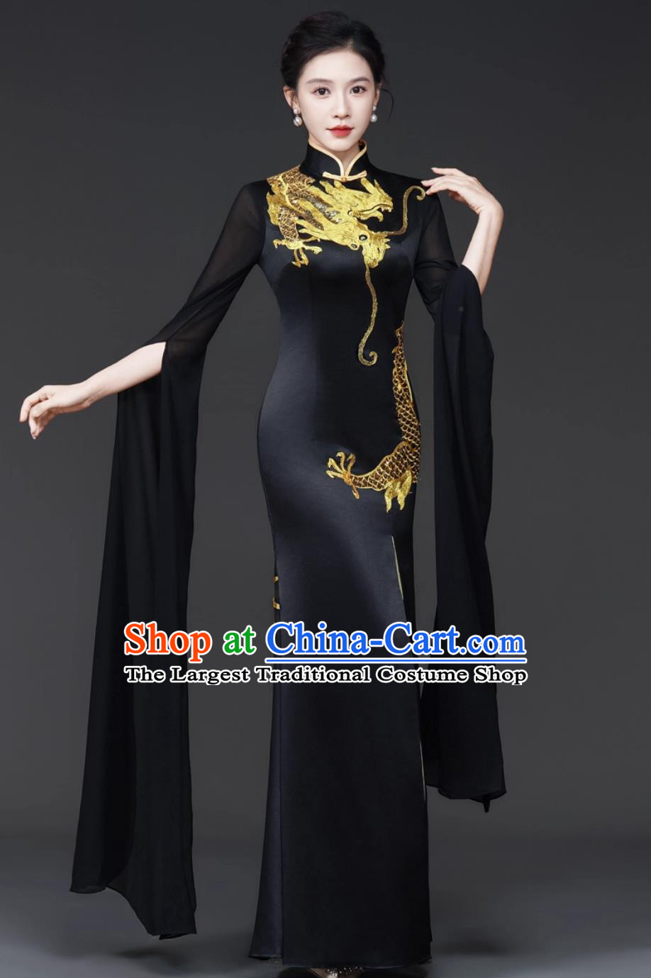 Women Runway Cheongsam Performance Costume Black Fashionable Chinese Style Long Stage Outfit Traditional Dress With Dragon Embroidery
